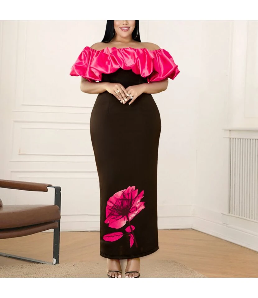 Contrasting Color One-Shoulder Elegant Flower Print Dresses Wholesale Dresses N4623050600004 1 Contrasting Color One-Shoulder Elegant Flower Print Dresses Wholesale Dresses N4623050600004