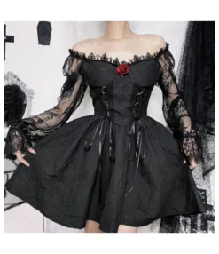 Dark Three-Dimensional Floral Lace Long-Sleeved A-Swing Princess Dress Wholesale Dresses SDV464254