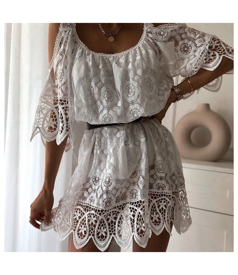 Sexy Off-Shoulder Sling Lace Mini Dress Hollow Lace-Up Solid Color Wholesale Dresses SDN561715 3 Sexy Off-Shoulder Sling Lace Mini Dress Hollow Lace-Up Solid Color Wholesale Dresses SDN561715 - Image 3