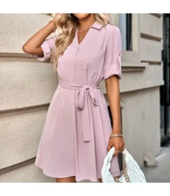 Solid Color Lapel Half Sleeve Casual Shirtdress Wholesale Shirt Dresses SDN539975