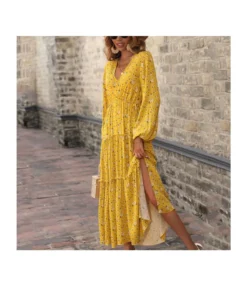 V-Neck Floral Print Long Sleeve Slit Resort Smocked Dress Wholesale Maxi Dresses SDN537254