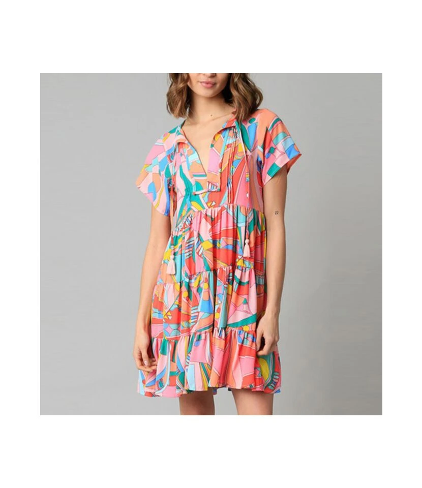 Abstract Geometric Print Fringed Short-Sleeved Thin Dress Wholesale Dresses 1 Abstract Geometric Print Fringed Short-Sleeved Thin Dress Wholesale Dresses