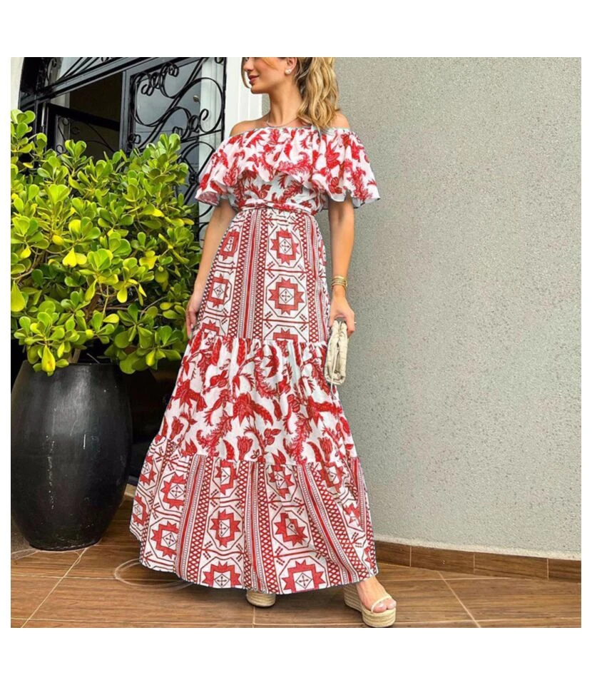 Sexy Off-Shoulder Print Maxi Dresses High Waist Lace-Up Wholesale Bohemian Dress For Women SDN562180 5 Sexy Off-Shoulder Print Maxi Dresses High Waist Lace-Up Wholesale Bohemian Dress For Women SDN562180 - Image 5