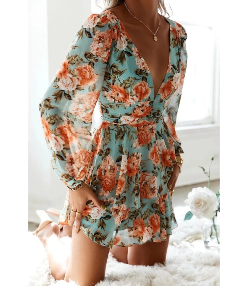 Floral Print Deep-V Lantern Sleeve Open Back High Waist Double Ruffle Dress Chic Wholesale Dresses SDN533019 3 Floral Print Deep-V Lantern Sleeve Open Back High Waist Double Ruffle Dress Chic Wholesale Dresses SDN533019 - Image 3
