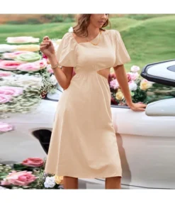 Women Fashion Puff Sleeve Slash Neck Hollow Out Wholesale Casual Dresses SD204247