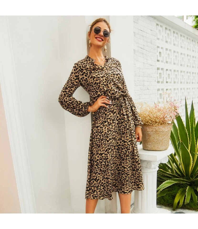 Fashion V Neck Leopard Print Midi Dress High Waist Long Sleeve Slim Wholesale Dresses SDN560438 3 Fashion V Neck Leopard Print Midi Dress High Waist Long Sleeve Slim Wholesale Dresses SDN560438 - Image 3