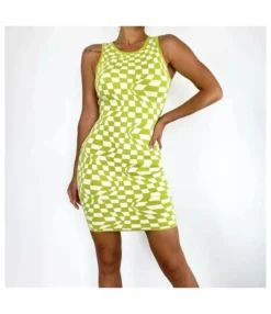 Round Neck Sleeveless Plaid Knitted Dress Wholesale Clothing SD070186