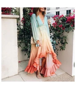 Gradient Color Print Fringe Lace-Up Cuff V-Neck Vacation Fashion Irregular Hem Ruffles Wholesale Maxi Dresses SD531202