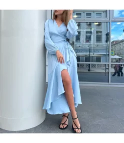 Satin Irregular Mermaid V Neck Elegant Solid Color Maxi Dress Wholesale Dresses SDV463839