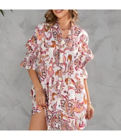 Printed Single-Breasted Cropped Half-Sleeve Wrap Chest Shirtdress Wholesale Casual Dresses SDN533199