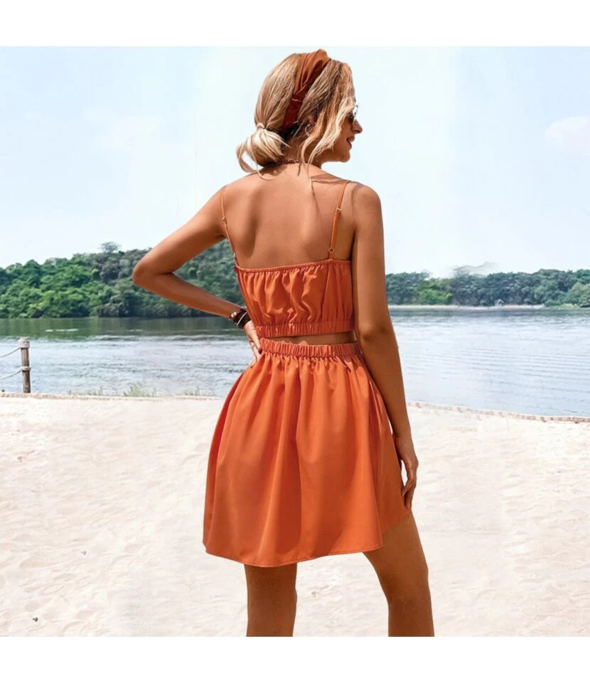 Women Spaghetti Strap Sleeveless Plain Color Hollow Out Elastic Waist Wholesale A Line Dresses SDN580803 6 Women Spaghetti Strap Sleeveless Plain Color Hollow Out Elastic Waist Wholesale A Line Dresses SDN580803 - Image 6