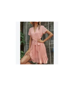 Fashion V Neck Polka Dot Dress Short Sleeve Slim A-Line Wholesale Dresses With Belt SDN560452