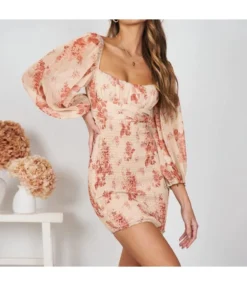 Floral Print Square Neck Lantern Sleeve Backless Tie-Up Chiffon Bodycon Dress Chic Wholesale Dresses SDN533537