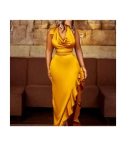 Solid Satin Halter Neck Belted Waist Ruffle Dress Wholesale Womens Clothing N3823110400001