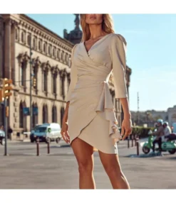 Sexy V-Neck Ruffles Dress Three-Quarter Sleeve Solid Color Wholesale Dresses SDN561494