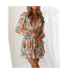 Floral Print Deep-V Lantern Sleeve Open Back High Waist Double Ruffle Dress Chic Wholesale Dresses SDN533019