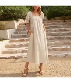 Elegant Flower Petal Sleeve Solid Color Square Neck Long Dress Wholesale Dresses V5923041200032