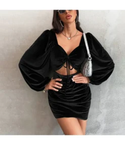 Velvet Sexy Cutout Tie-Up Dress Long Sleeve Solid Color Bodycon Wholesale Dresses SDN561545