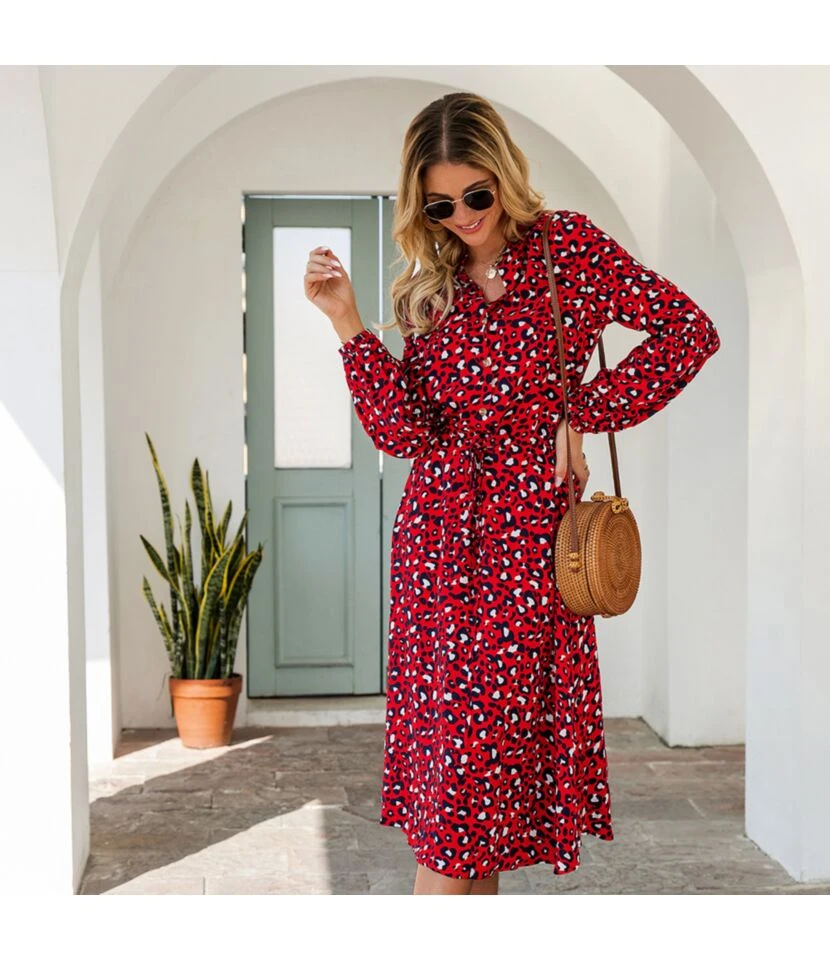 Fashion V Neck Leopard Print Midi Dress High Waist Long Sleeve Slim Wholesale Dresses SDN560438 8 Fashion V Neck Leopard Print Midi Dress High Waist Long Sleeve Slim Wholesale Dresses SDN560438 - Image 8