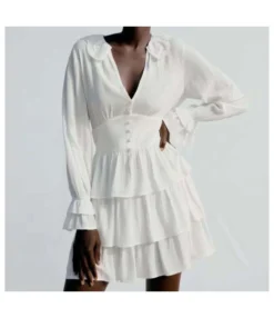 Ruffled Collar V Neck Elastic Waist Long Sleeve Cake Dress Wholesale Dresses SDN533784