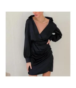 Sexy Satin Deep V Neck Dress Solid Color Long Sleeve A-Line Wholesale Dresses SDN560922