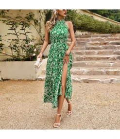 Elegant Sleeveless Floral Print Hanging Neck High Split Long Dress Wholesale Dresses V5923041200031