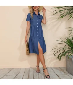 Vintage Solid Color Denim Shirt Short Sleeve Dress Wholesale Dresses V5923041500052