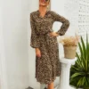 Fashion V Neck Leopard Print Midi Dress High Waist Long Sleeve Slim Wholesale Dresses SDN560438
