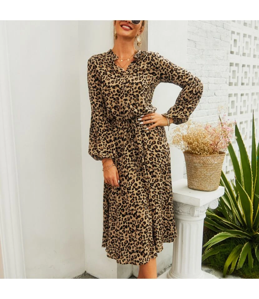 Fashion V Neck Leopard Print Midi Dress High Waist Long Sleeve Slim Wholesale Dresses SDN560438 1 Fashion V Neck Leopard Print Midi Dress High Waist Long Sleeve Slim Wholesale Dresses SDN560438