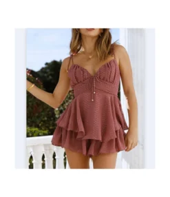 Fresh V-Neck Suspenders Open Back Double Hem Dress Wholesale Dresses N462303280017219