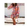 Geometric & Floral Print Womens Long Lantern Sleeve V Neck Tie-Up Waist Swing Ruffled Dress Wholesale Dresses SDN533184