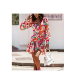Geometric & Floral Print Womens Long Lantern Sleeve V Neck Tie-Up Waist Swing Ruffled Dress Wholesale Dresses SDN533184
