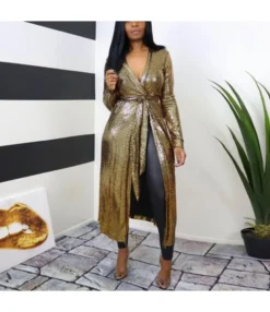 Golden Sexy Open Shawl Lace Up Design Wholesale Maxi Dresses Shirt Dress SD203897