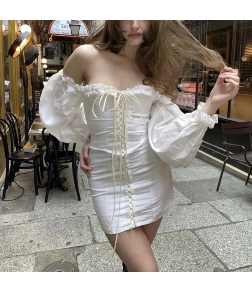 White Square Neck Off Shoulder Vintage Tie-Up Puff Sleeves Bodycon Dress Chic Wholesale Mini Dresses SDN533024 1 White Square Neck Off Shoulder Vintage Tie-Up Puff Sleeves Bodycon Dress Chic Wholesale Mini Dresses SDN533024