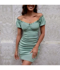 Sexy Off Shoulder Pleated Dress Puff Sleeves Solid Color Bodycon Wholesale Dresses SDN560563
