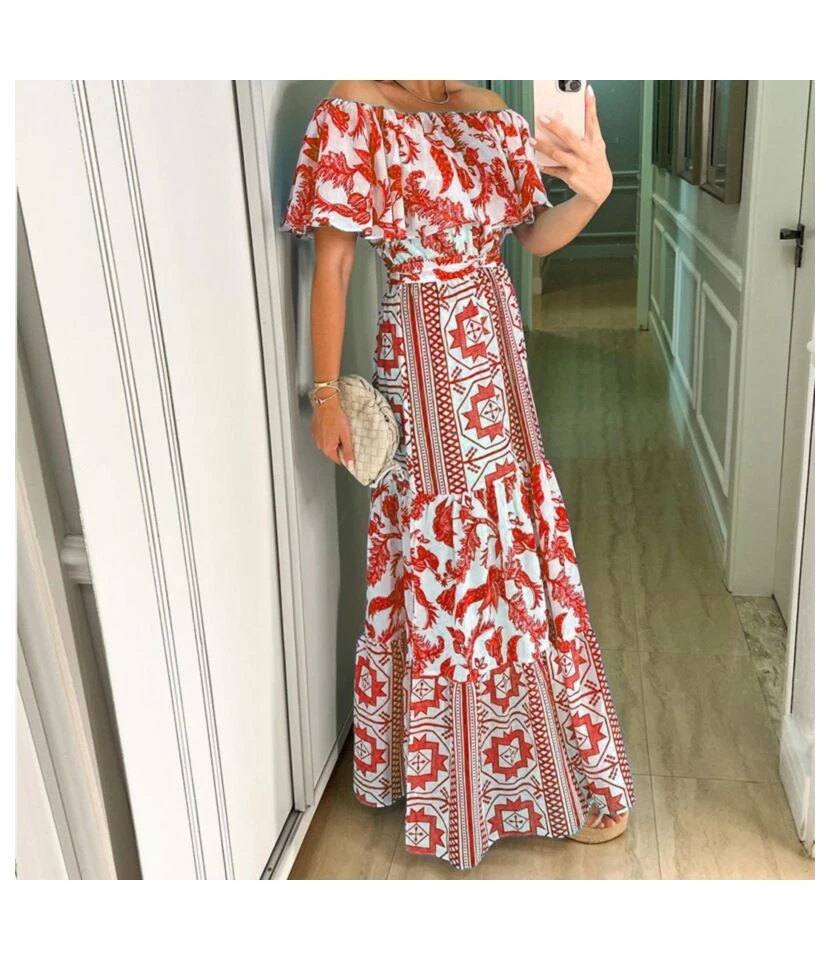 Sexy Off-Shoulder Print Maxi Dresses High Waist Lace-Up Wholesale Bohemian Dress For Women SDN562180 6 Sexy Off-Shoulder Print Maxi Dresses High Waist Lace-Up Wholesale Bohemian Dress For Women SDN562180 - Image 6