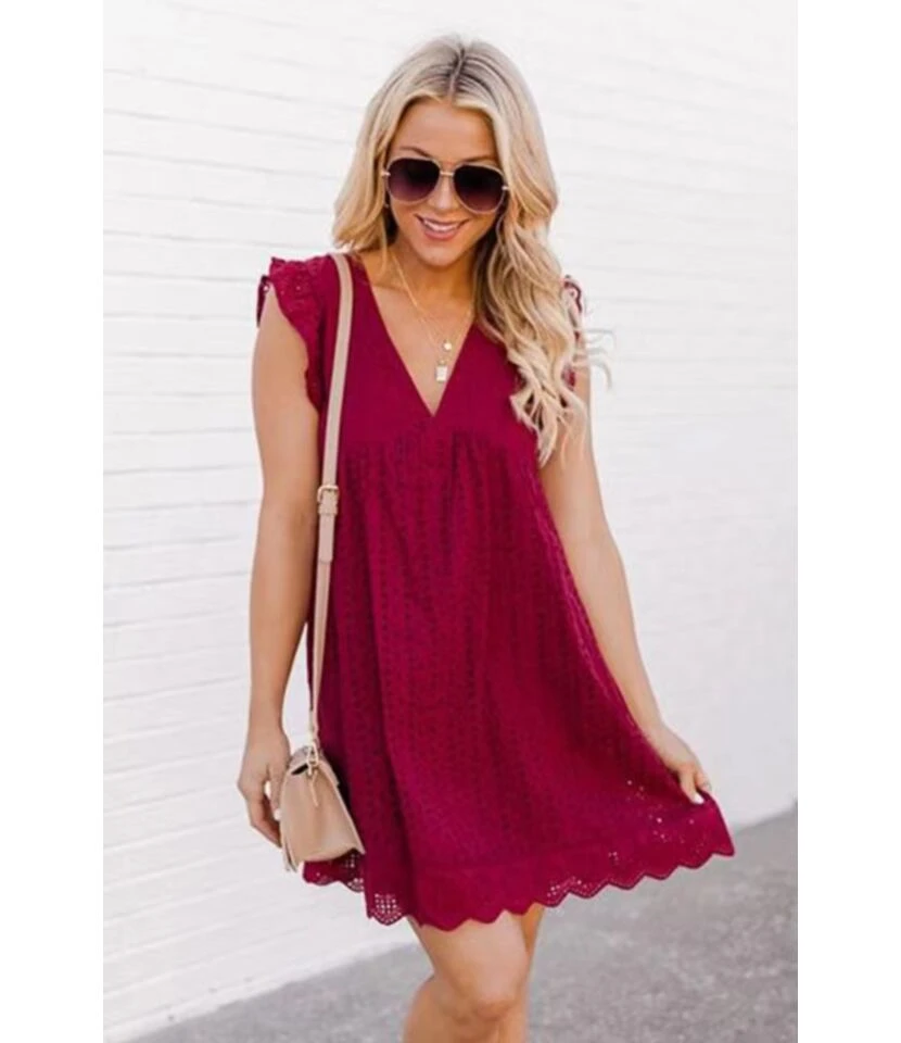 Solid Color Lace Hollow V Neck Frill Sleeve Loose Tank Dress With Pocket Casual Wholesale Dresses SDN532972 7 Solid Color Lace Hollow V Neck Frill Sleeve Loose Tank Dress With Pocket Casual Wholesale Dresses SDN532972 - Image 7