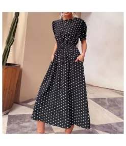 Polka Dot Print Short Sleeve Elastic Waist Wholesale Midi Dresses SD168431