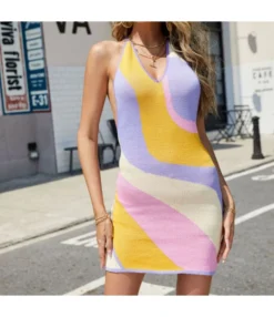 Color Block Halterneck Sleeveless Backless Knit Wholesale Bodycon Dresses SD168249