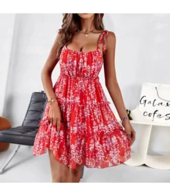 Floral Printed Agaric Laces Chiffon Sundresses Lace-Up Sling Ruffled Swing Dress Wholesale Dresses SDN533150