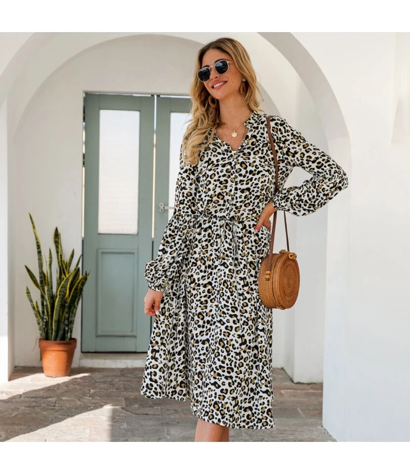 Fashion V Neck Leopard Print Midi Dress High Waist Long Sleeve Slim Wholesale Dresses SDN560438 7 Fashion V Neck Leopard Print Midi Dress High Waist Long Sleeve Slim Wholesale Dresses SDN560438 - Image 7