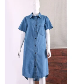 Lapel Neck Single Breasted Pocket Detail Denim T Shirt Dress Wholesale 210528617 -Dress Sales Store img 9996